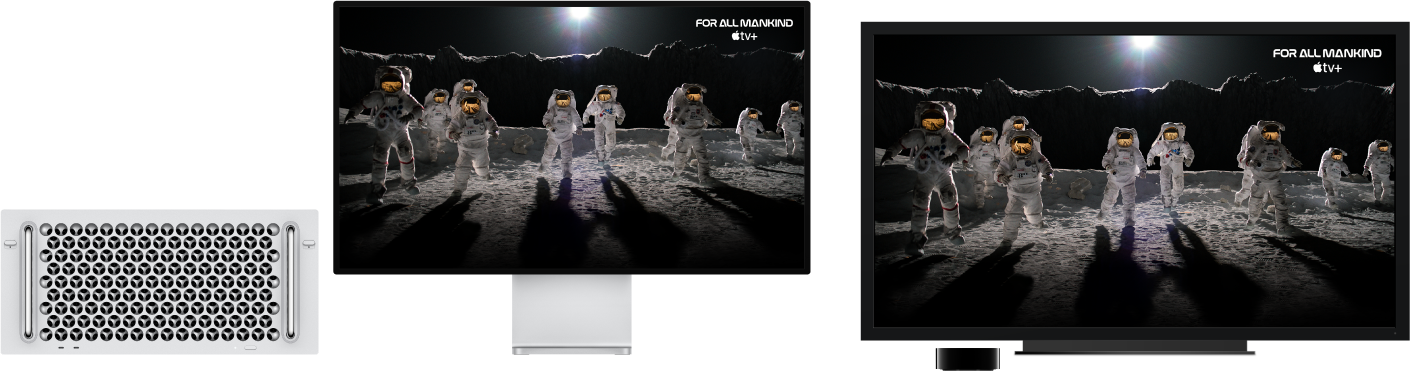 Računalnik Mac Pro s prezrcaljeno vsebino na velikem HDTV-ju prek naprave Apple TV.