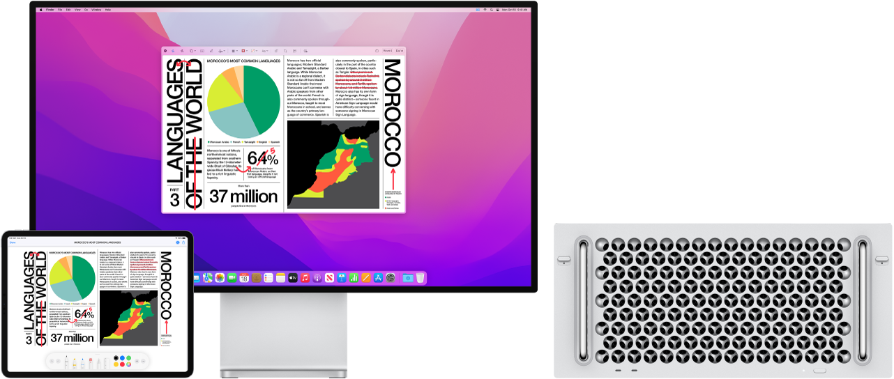 Računalnik Mac Pro in iPad drug poleg drugega. Oba zaslona prikazujeta članek, prekrit z ročno napisanimi rdečimi spremembami, na primer prečrtani stavki, puščice in dodane besede. Na dnu zaslona iPada so krmilni elementi za označevanje.