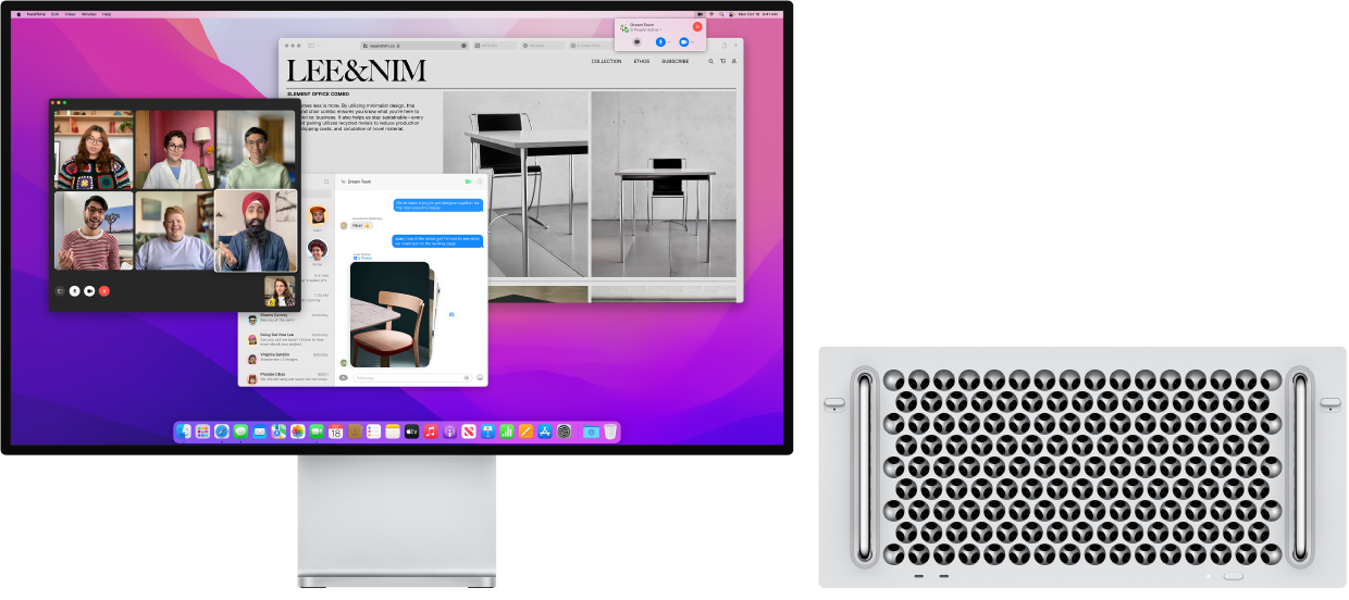 Računalnik Mac Pro s priključenim zaslonom Pro Display XDR. Na namizju je prikazan Control Center in več odprtih aplikacij.