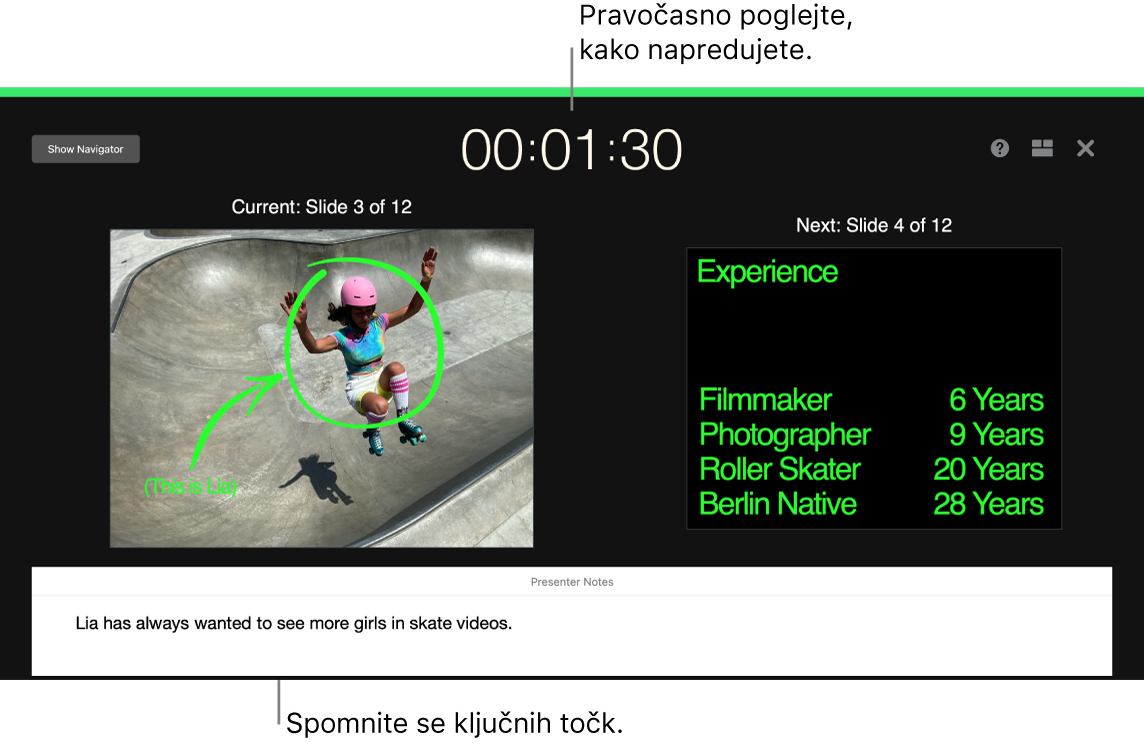 Okno aplikacije Keynote, ki prikazuje funkcijo »Rehearse Slideshow« (Vadi diaprojekcijo).