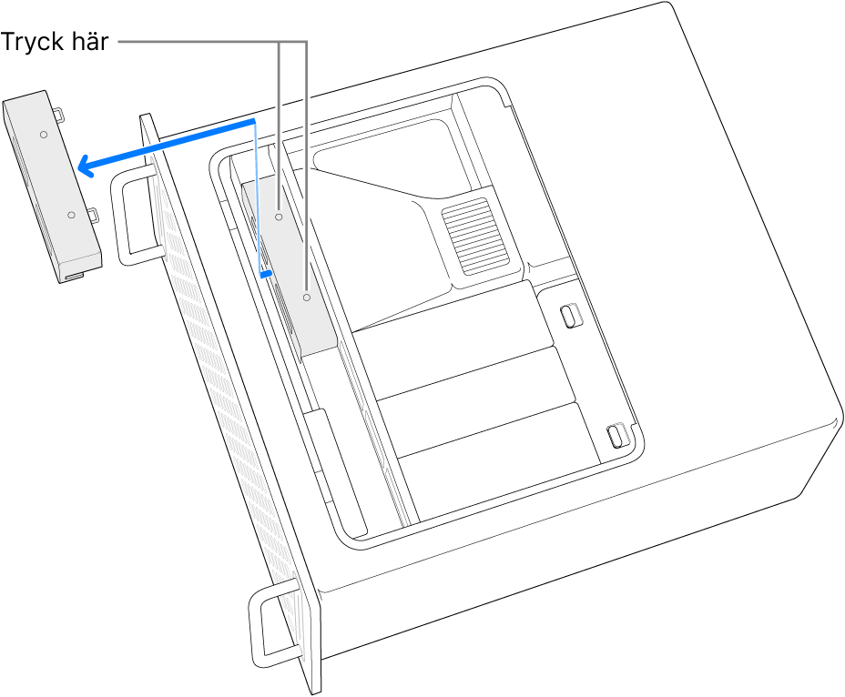 Mac Pro står på sidan och visar var du trycker för att ta bort SSD-skyddet.