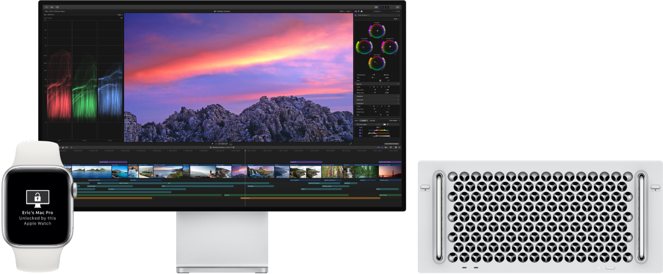 Mac Pro และจอภาพอยู่ถัดจาก Apple Watch ซึ่งแสดงข้อความว่า Mac ได้ถูกปลดล็อคโดยนาฬิกาแล้ว