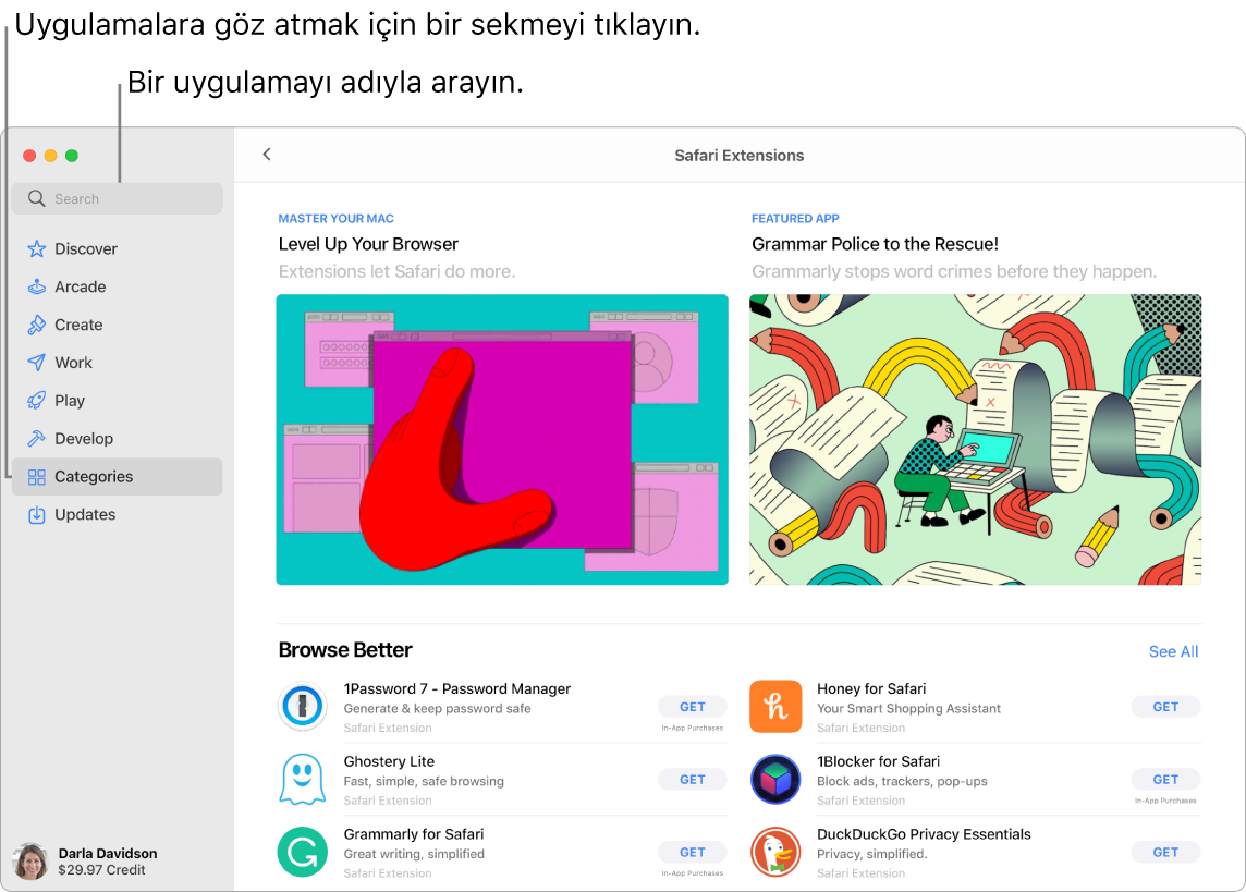 Arama alanını ve Safari Genişletmeleri sayfasını gösteren App Store penceresi.