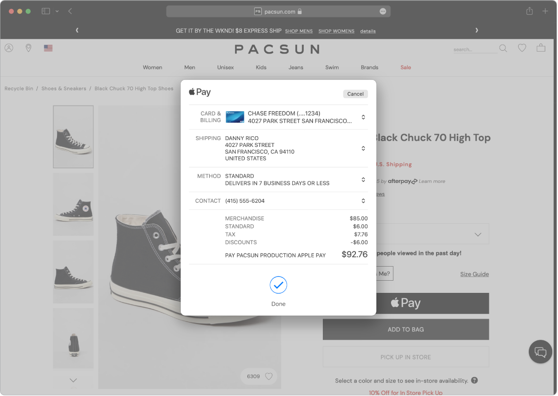 Một màn hình náy Mac đang minh họa một giao dịch mua trực tuyến đang được tiến hành bằng tùy chọn Apple Pay trong Safari.