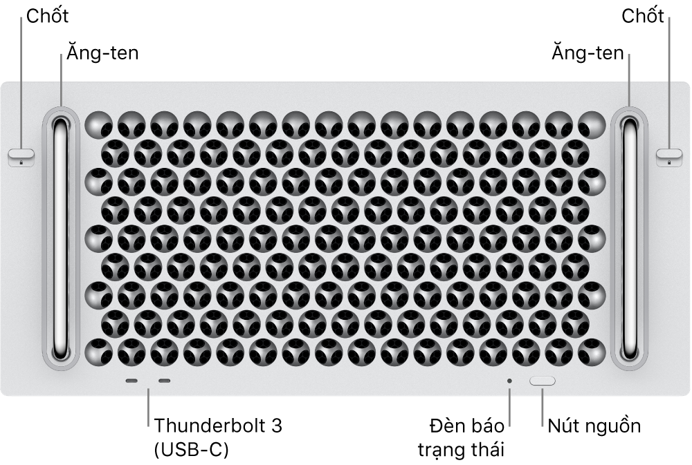 Mặt trước của Mac Pro đang hiển thị hai cổng Thunderbolt 3 (USB-C), đèn báo hệ thống, nguồn, nút và ăng-ten.