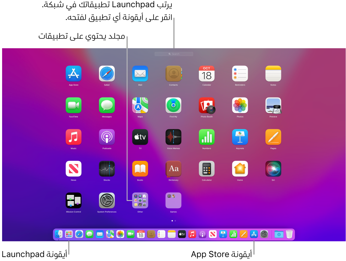 شاشة Mac مفتوح عليها Launchpad، وتعرض مجلد تطبيقات في Launchpad وأيقونة Launchpad وأيقونات App Store في Dock.