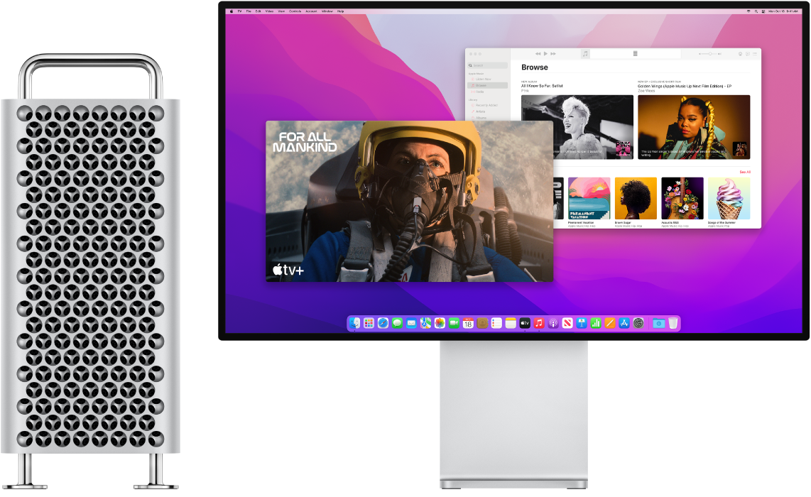 كمبيوتر Mac Pro وشاشة Pro Display XDR جنبًا إلى جنب.