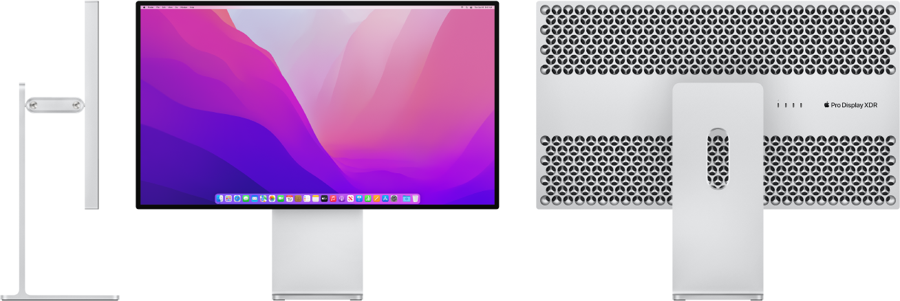 Страничен изглед, изглед отпред и изглед отзад на Pro Display XDR върху стойка Pro Stand.