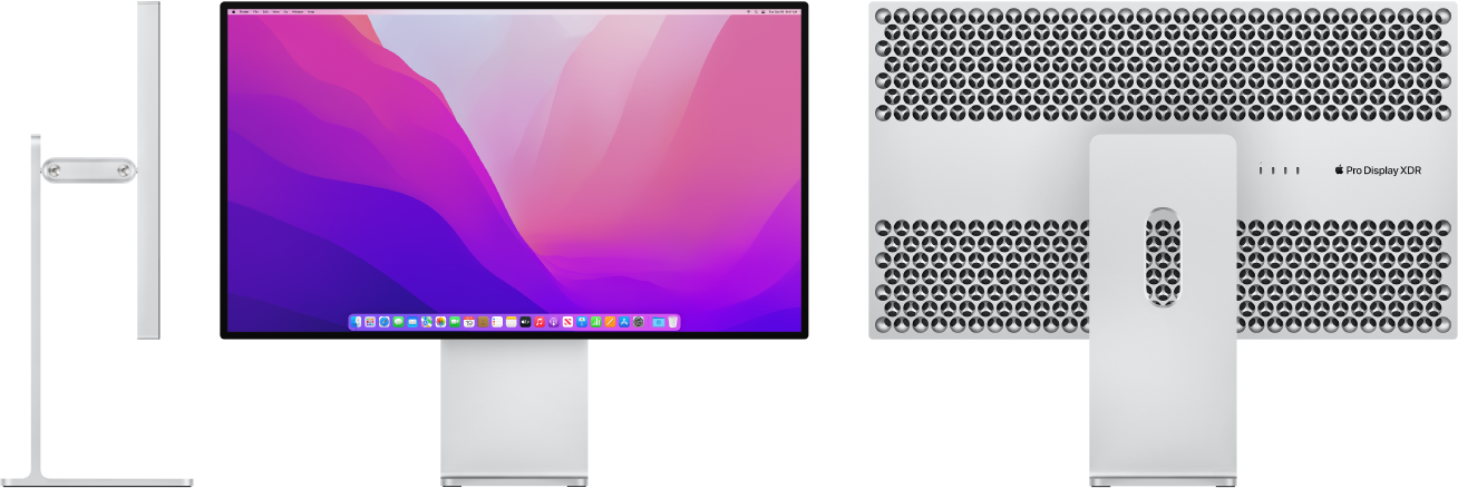 Pro Standissa olevan Pro Display XDR:n sivu-, etu- ja takanäkymä .