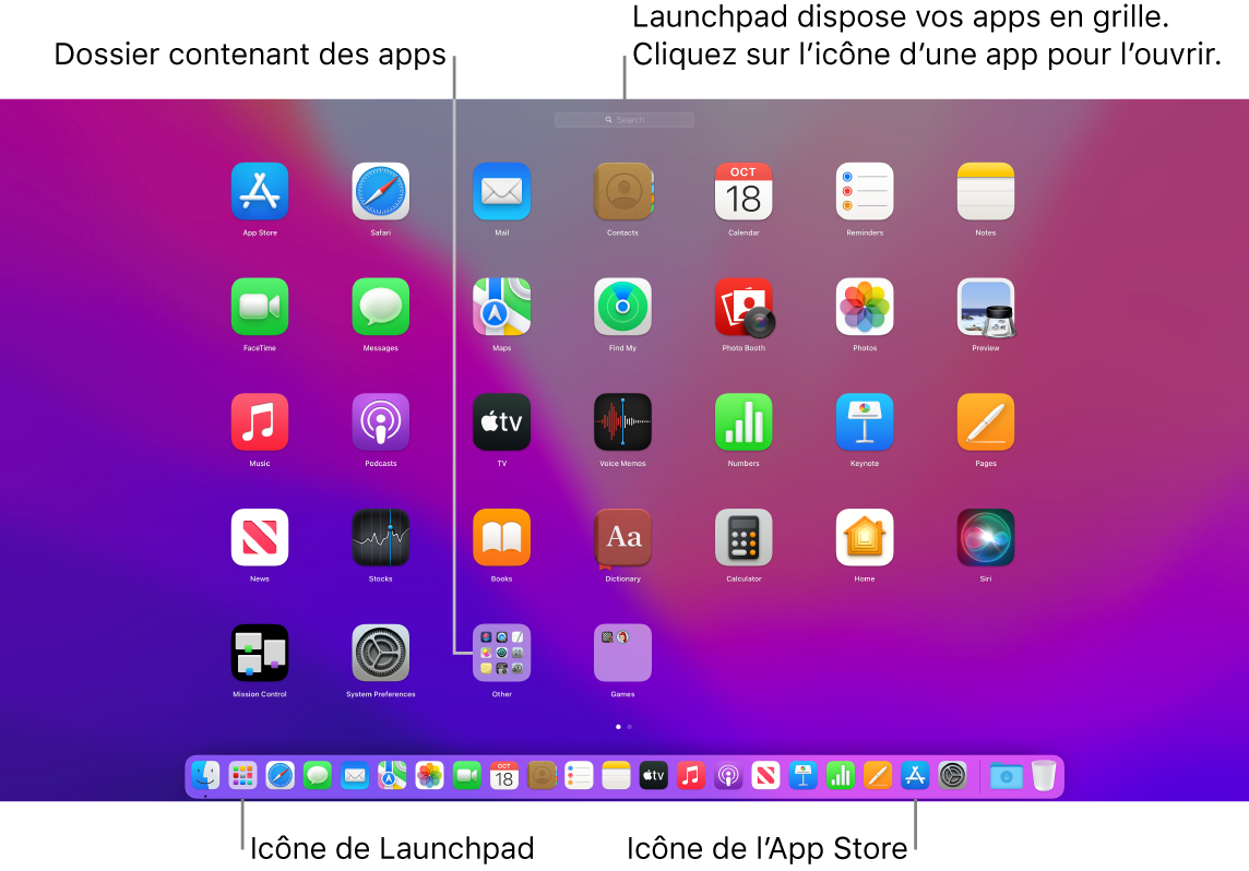 L’écran du Mac avec Launchpad ouvert, affichant un dossier d’apps dans Launchpad, et les icônes Launchpad et App Store dans le Dock.