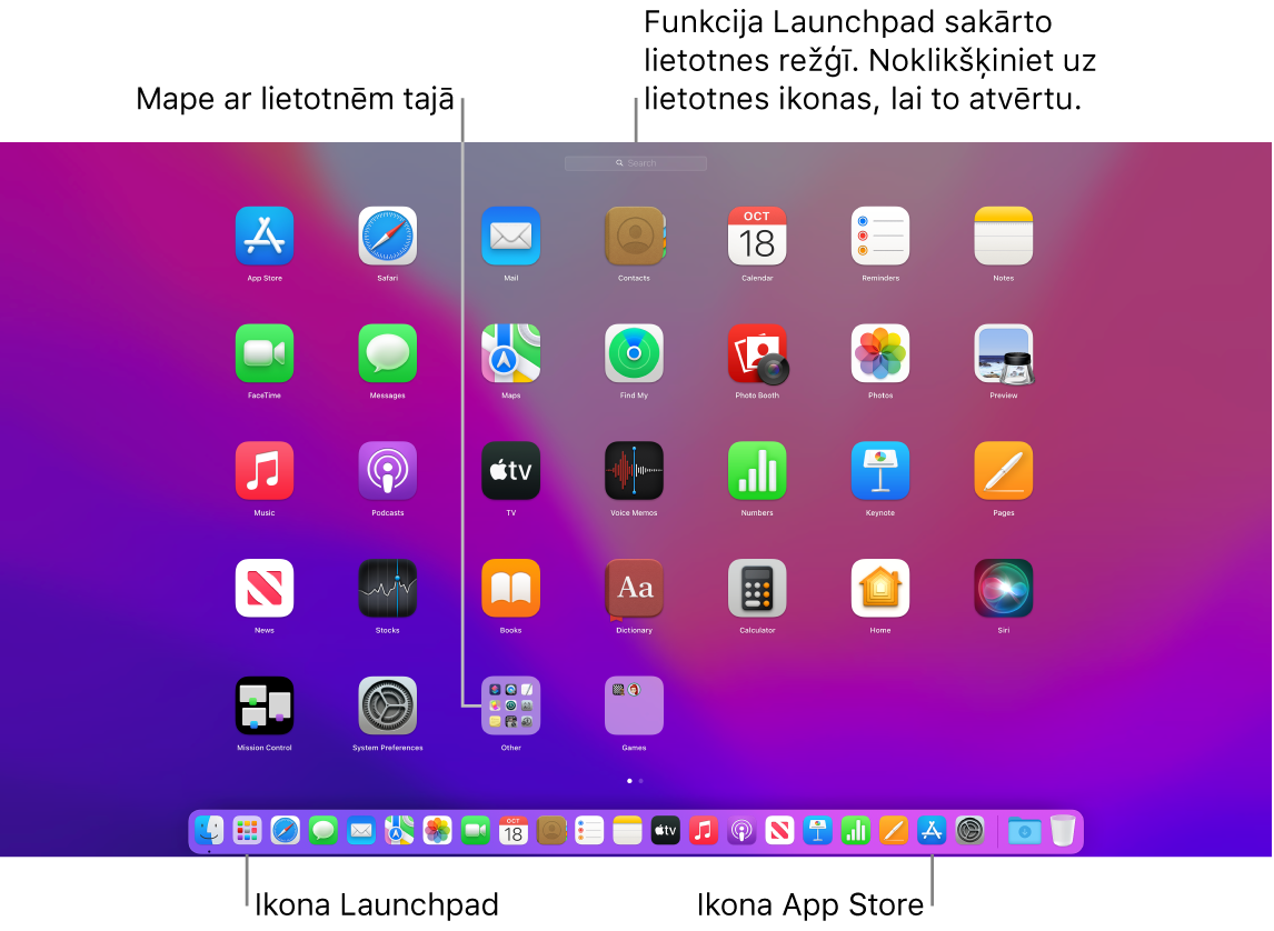 Mac datora ekrāns ar atvērtu funkciju Launchpad; redzama lietotņu mape lietotnē Launchpad, kā arī funkcijas Launchpad un pakalpojuma App Store ikonas joslā Dock.