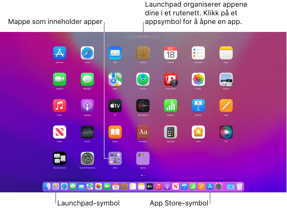 En Mac-skjerm med Launchpad åpent, som viser en mappe med apper i Launchpad og Launchpad- og App Store-symbolene i Dock.