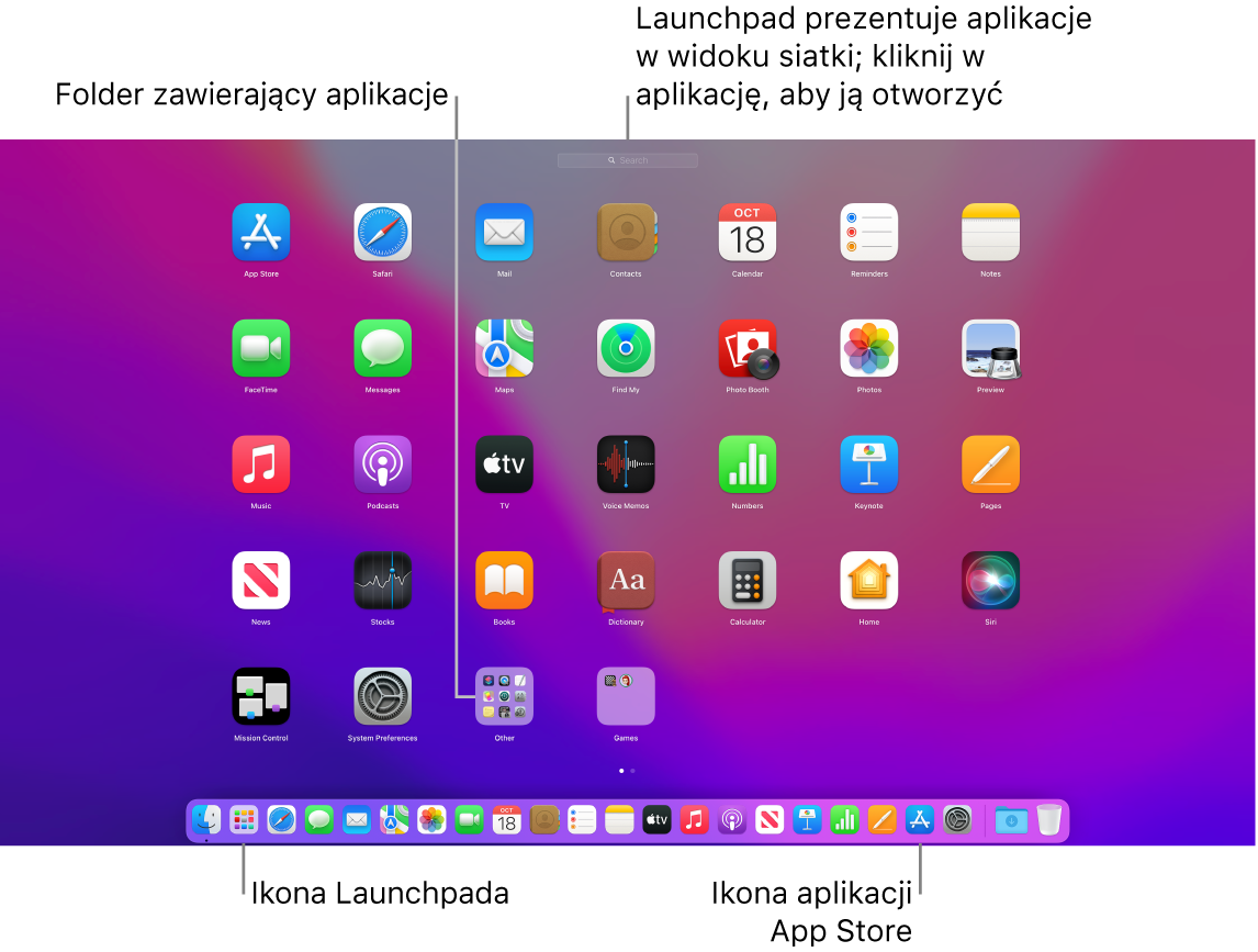 Ekran Maca z otwartym Launchpadem; folder aplikacji w Launchpadzie jest wyróżniony, a w Docku wyróżnione są również ikony Launchpada i App Store.