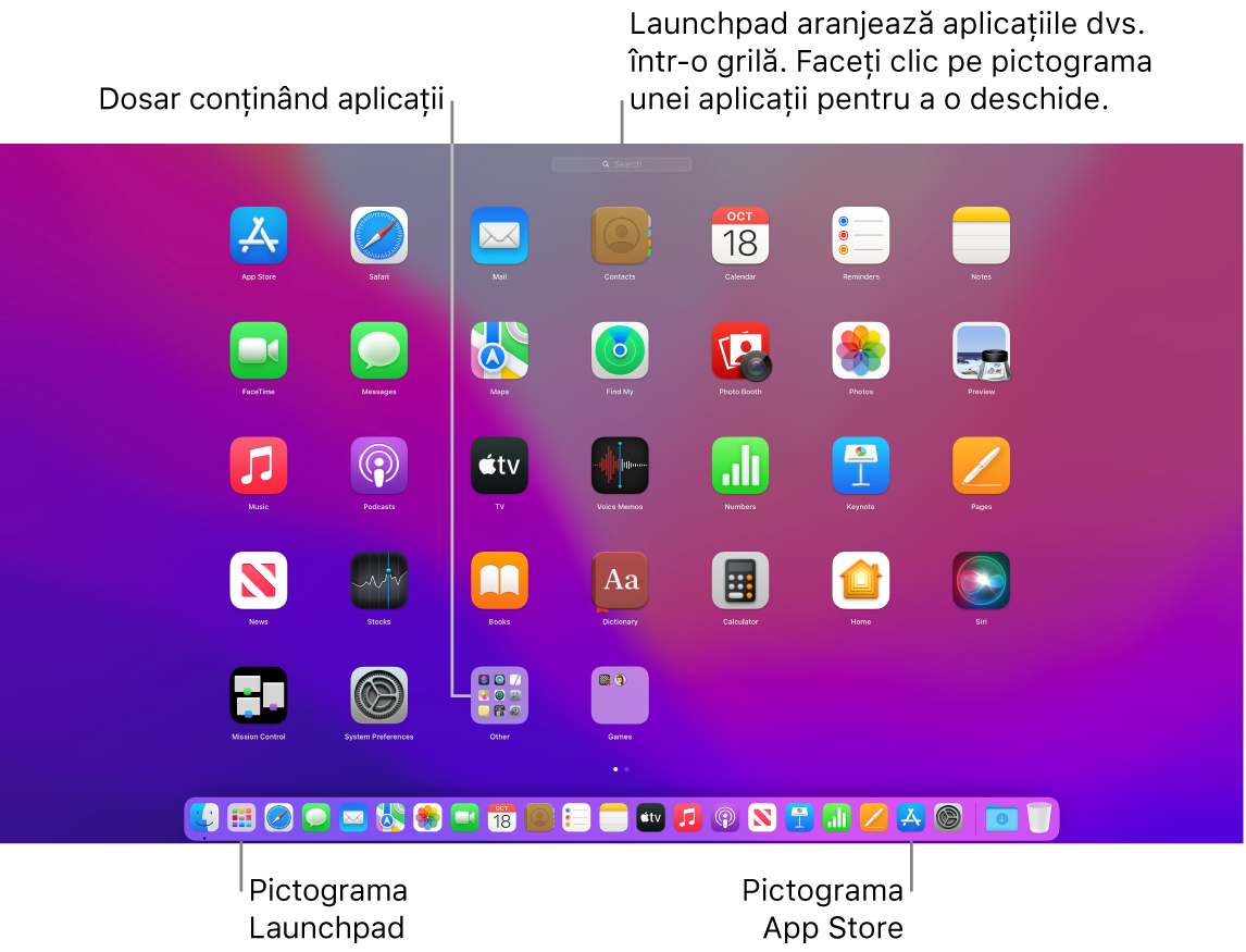 Un ecran de Mac cu Launchpad deschis, afișând un dosar de aplicații din Launchpad, pictograma Launchpad și pictograma App Store din Dock.