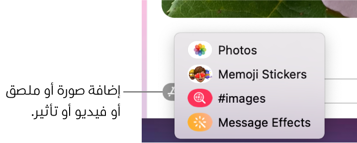 قائمة التطبيقات بها خيارات لعرض الصور وملصقات Memoji وصور GIF وتأثيرات الرسائل.