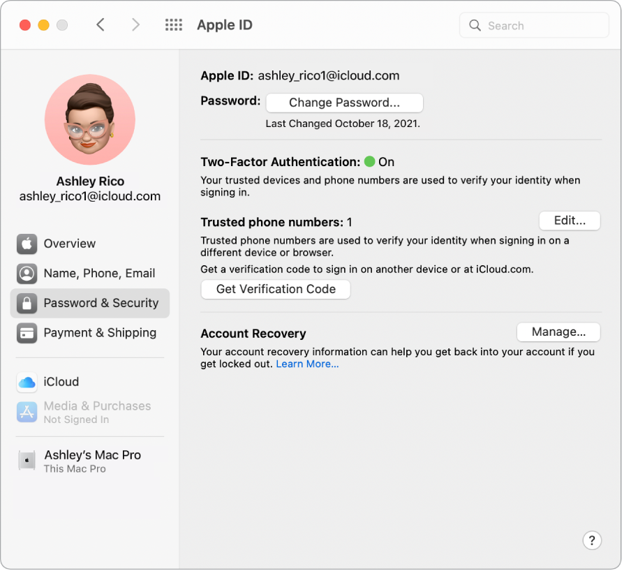 Секцията Password and Security (Парола и сигурност) на идентификатора Apple ID в System Preferences (Системни параметри). Щракнете manage (Управление), за да настроите Account Recovery (Възстановяване на регистрация).