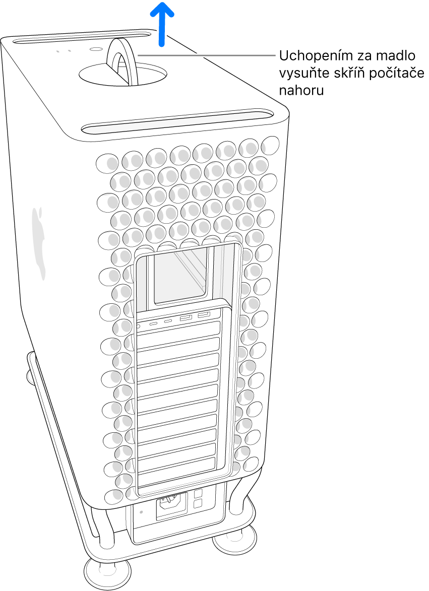 Vyklopení a otočení madla a následné sejmutí krytu počítače