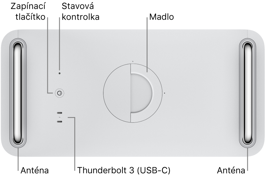 Horní pohled na Mac Pro se zapínacím tlačítkem, systémovou kontrolkou, madlem, anténou a dvěma porty Thunderbolt 3 (USB-C)