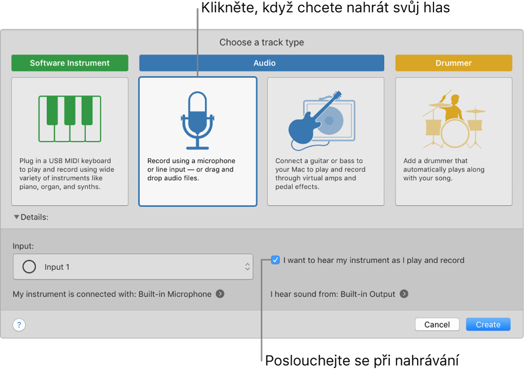 Panel nástrojů GarageBandu s popisky ukazujícími, kam je třeba kliknout, chcete‑li nahrávat hlas nebo zapnout odposlech při nahrávání