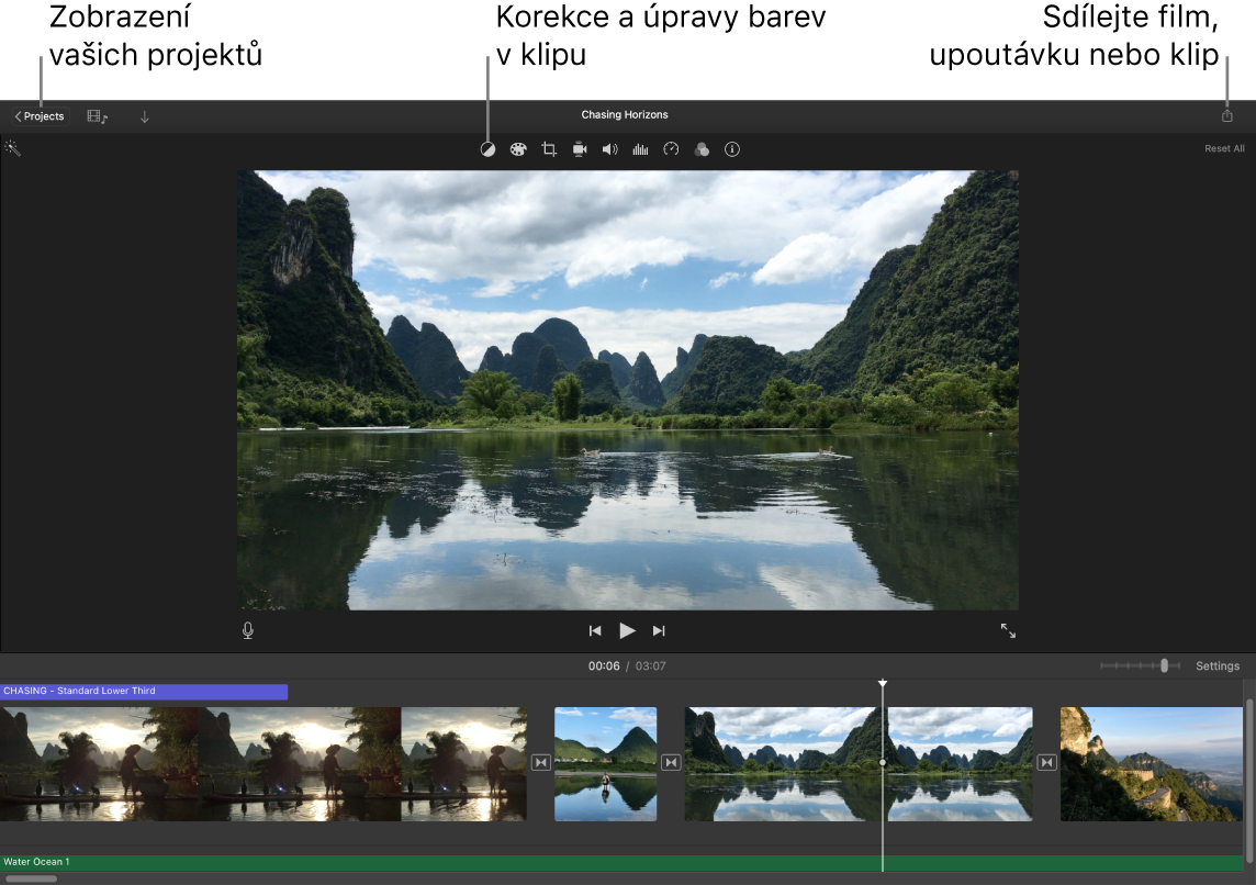 Okno iMovie s popisky tlačítek pro prohlížení projektů, korekci a úpravy barev a sdílení filmů, upoutávek či filmových klipů