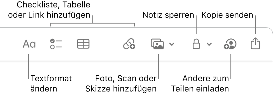 Die Symbolleiste der App „Notizen“ mit Legenden zu den Tools für Checklisten, Tabellen, Links, Fotos/Medien, Schutz, Teilen und Senden einer Kopie.