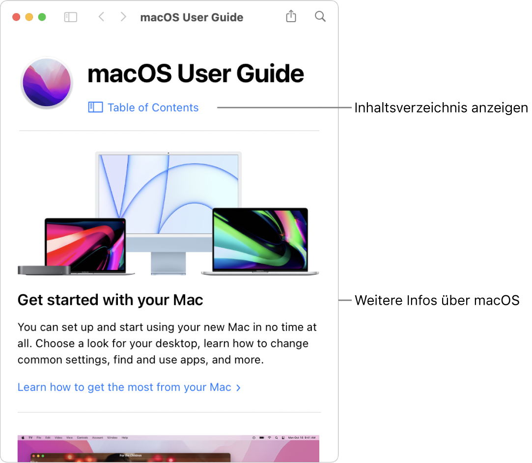 Die Startseite des macOS – Benutzerhandbuchs mit dem Link zum Inhaltsverzeichnis