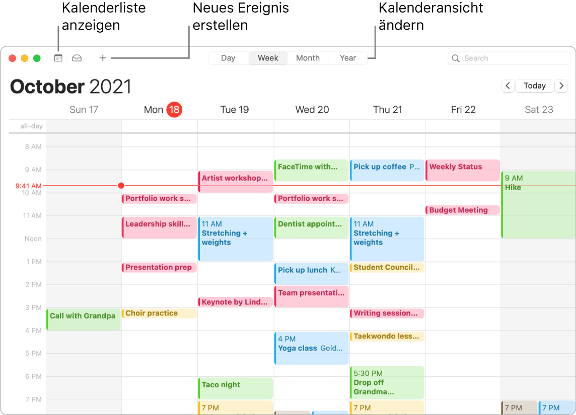 Ein Kalender-Fenster mit Informationen zum Erstellen eines Ereignisses, zum Anzeigen einer Kalenderliste und zum Auswählen einer Darstellung in Tagen, Monaten oder Jahren