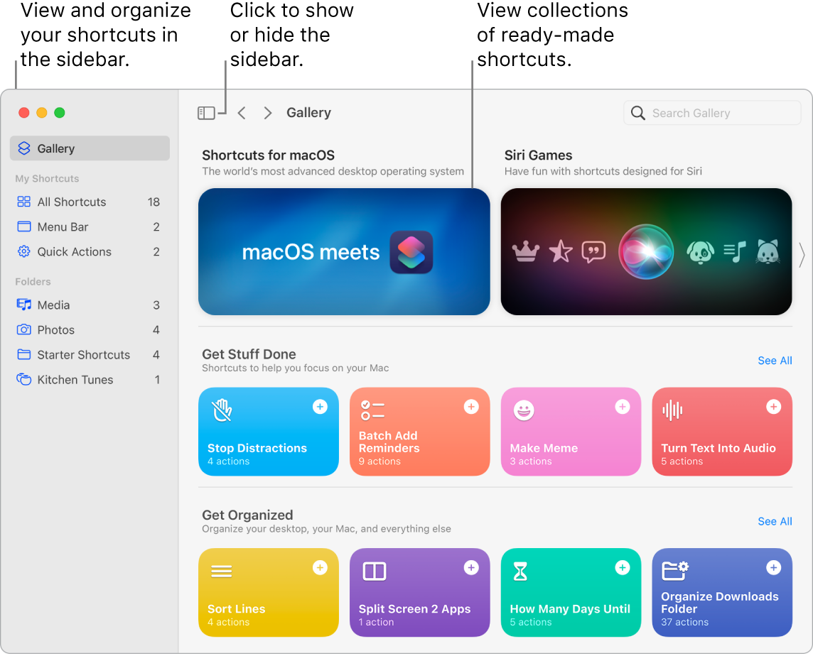 The Shortcuts window with the sidebar open on the left and the Gallery on the right. The Sidebar button and navigation arrows are on the top left above the Gallery and the search field is in the top-right.