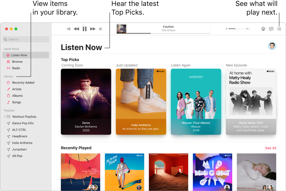 A Music app window showing how to view your library, listen to Apple Music, and see what will play next.
