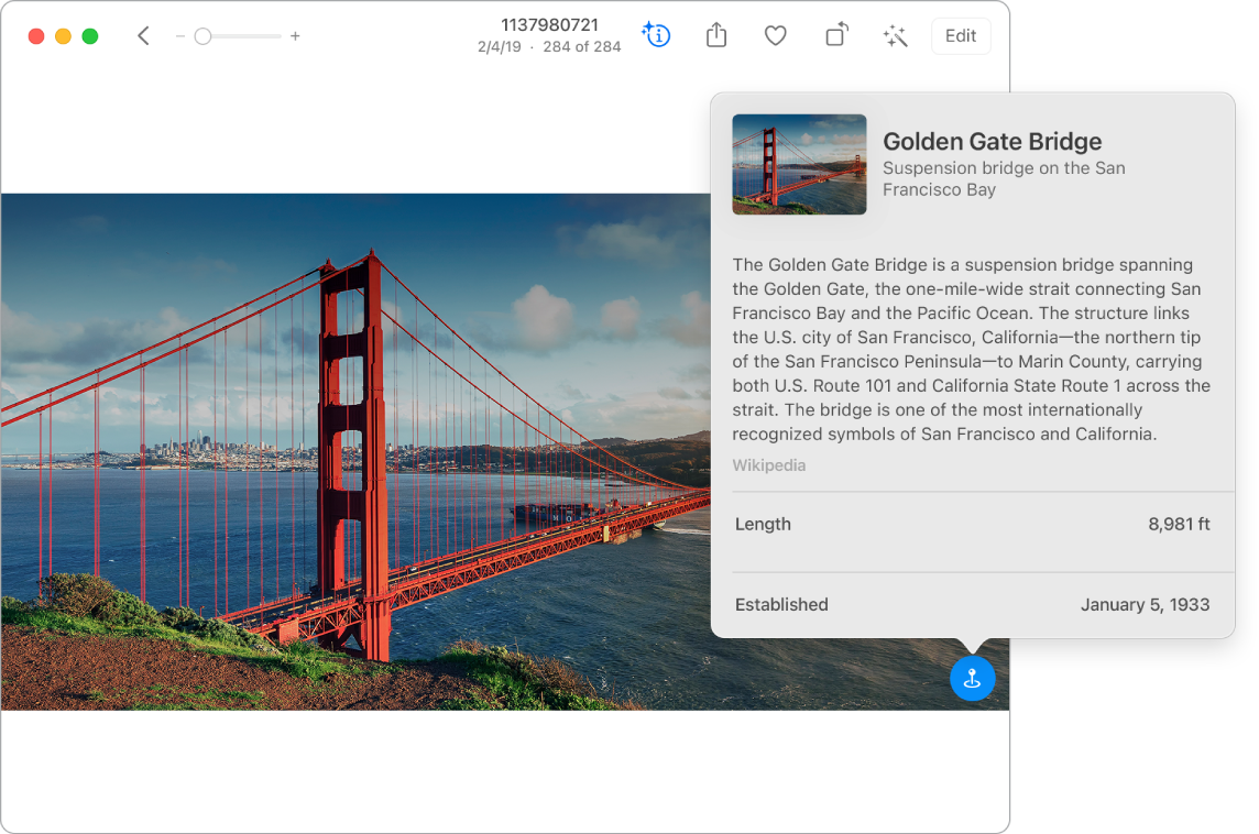 A photo of the Golden Gate Bridge. A pop-up shows information about the bridge.