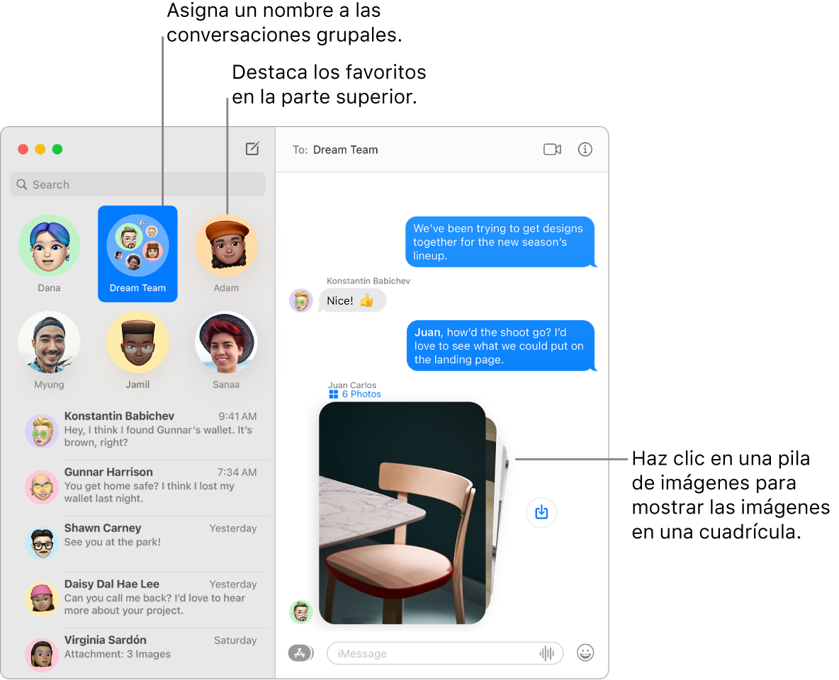 Una ventana de Mensajes con un chat grupal y chats individuales anclados en la parte superior de la columna izquierda. En el chat en la parte derecha hay una pila de seis fotos y el botón “Guardar foto” junto a ella.