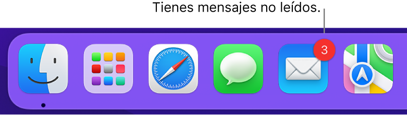 Una parte del Dock mostrando el ícono de la app Mail con un indicador que muestra la cantidad de mensajes no leídos.