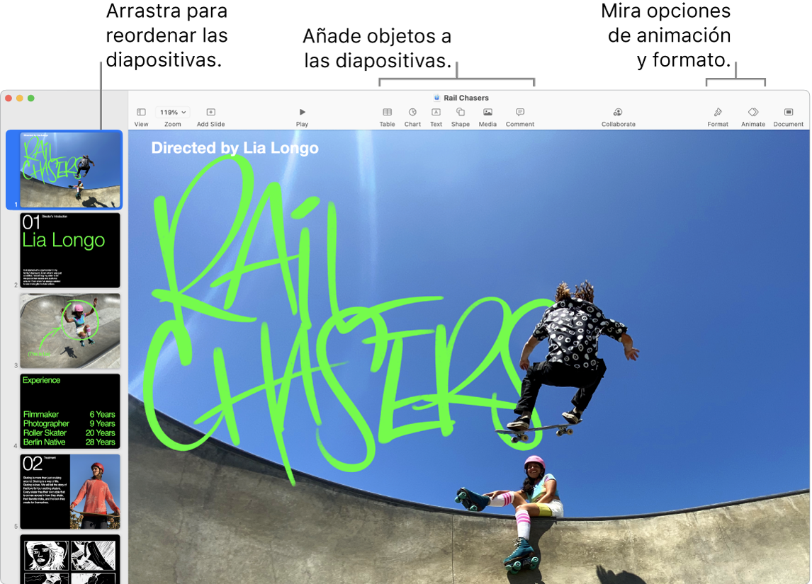 Una ventana de Keynote que muestra el navegador de diapositivas en el lado izquierdo y cómo reordenar diapositivas, la barra de herramientas y sus herramientas de edición en la parte superior, el botón Colaborar cerca de la parte superior derecha y los botones Formato, Animación y Documento en la parte derecha.