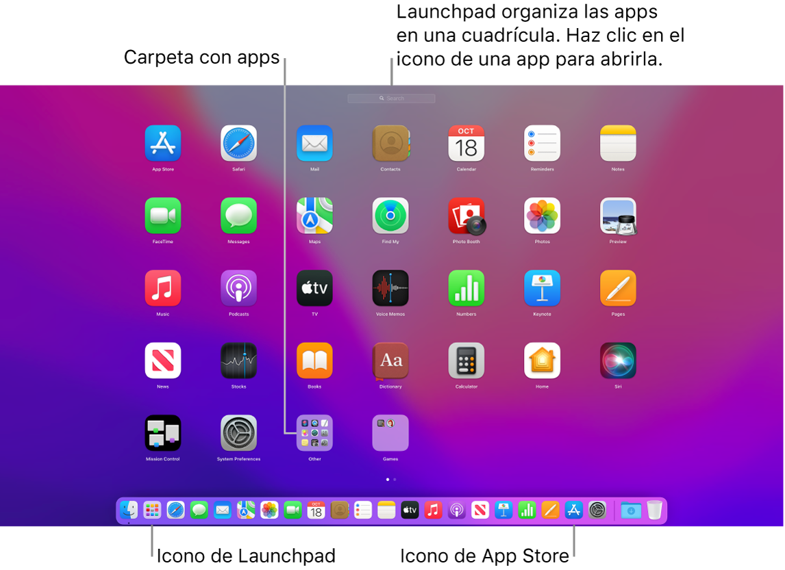 Una pantalla de Mac con Launchpad abierto, donde se muestra una carpeta de apps en Launchpad y los iconos de Launchpad y de App Store en el Dock.