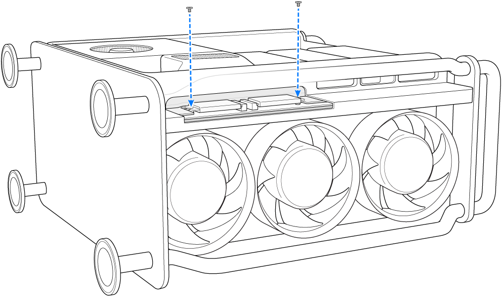 Se muestra cómo instalar dos tornillos en un Mac Pro colocado de lado.