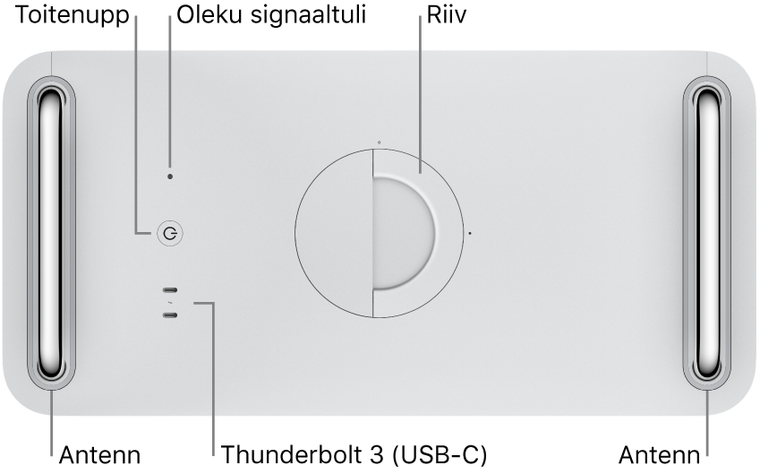 Mac Pro ülaosas on Power-nupp, süsteemi indikaatortuli, riiv, antenn ning kaks Thunderbolt 3 (USB-C) porti.