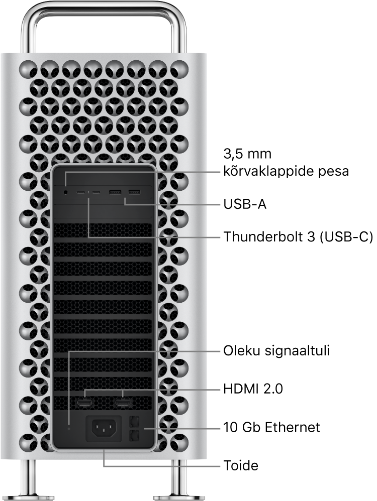 Mac Pro küljevaade, millel on kujutatud 3,5 mm kõrvaklappide pesa, kahte USB-A-porti, kahte Thunderbolt 3 (USB-C) porti, oleku indikaatortuld, kahte HDMI 2.0 porti, kahte 10 Gigabit Etherneti porti ning Power-porti.