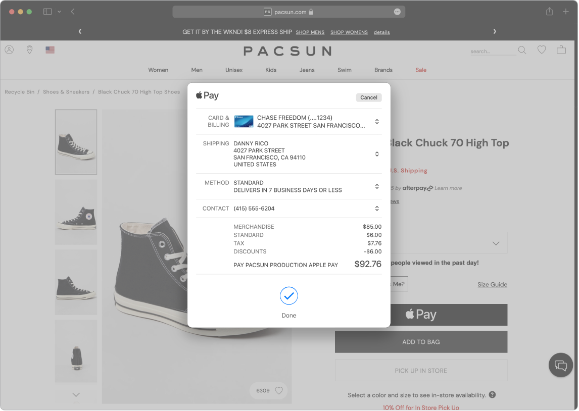 Écran d’un Mac affichant un achat en ligne en cours utilisant l’option Apple Pay dans Safari.