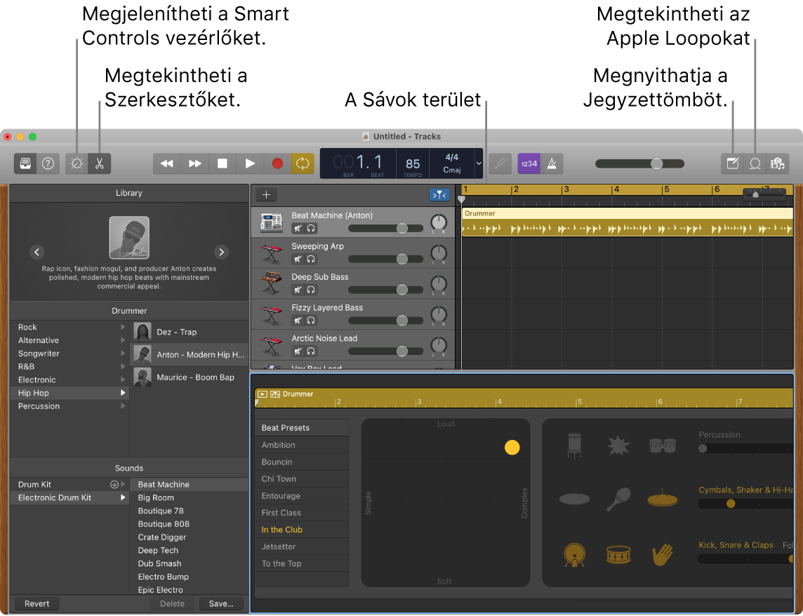 Egy GarageBand-ablak, amelyben az Intelligens vezérlők, a Szerkesztők, a Jegyzetek és az Apple Loopok elérésére szolgáló gombok láthatóak. A sávok nézete is látható.