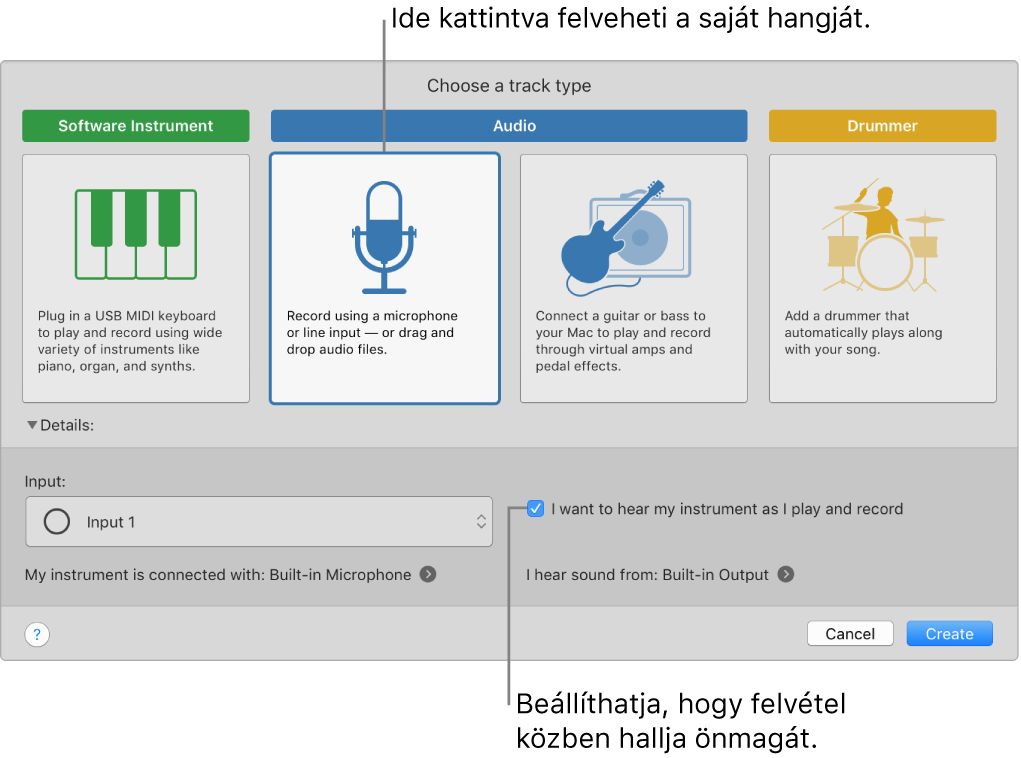 A GarageBand hangszerpanele, amelyen megtekintheti, hová kell kattintania a hang rögzítéséhez, és hogyan hallgathatja magát felvételkor.