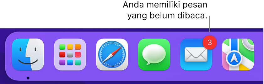 Satu bagian di Dock menampilkan ikon app Mail, dengan tanda yang mengindikasikan pesan belum dibaca.