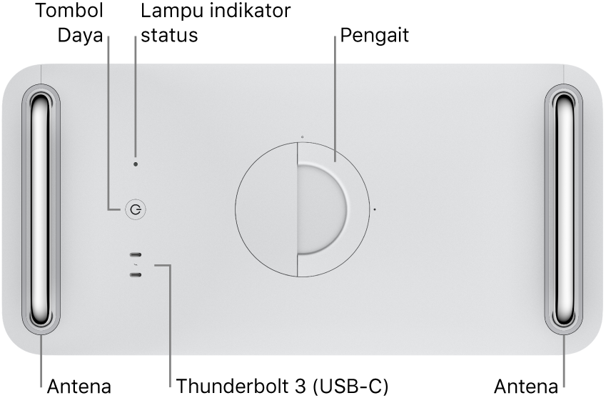 Bagian atas Mac Pro menampilkan tombol Daya, lampu indikator sistem, kait, antena, dan dua port Thunderbolt 3 (USB-C).