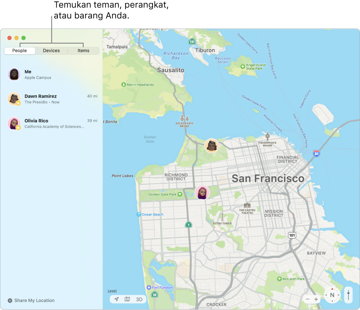 Tab Orang dipilih di kiri dan peta San Francisco di kanan dengan lokasi tiga teman.