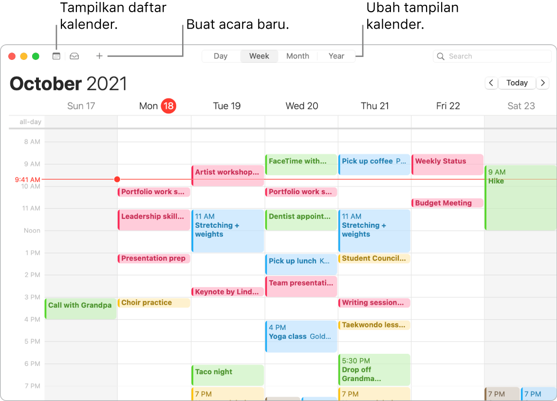 Jendela Kalender menampilkan cara membuat acara, menampilkan daftar kalender, dan memilih tampilan Hari, Minggu, Bulan, atau Tahun.