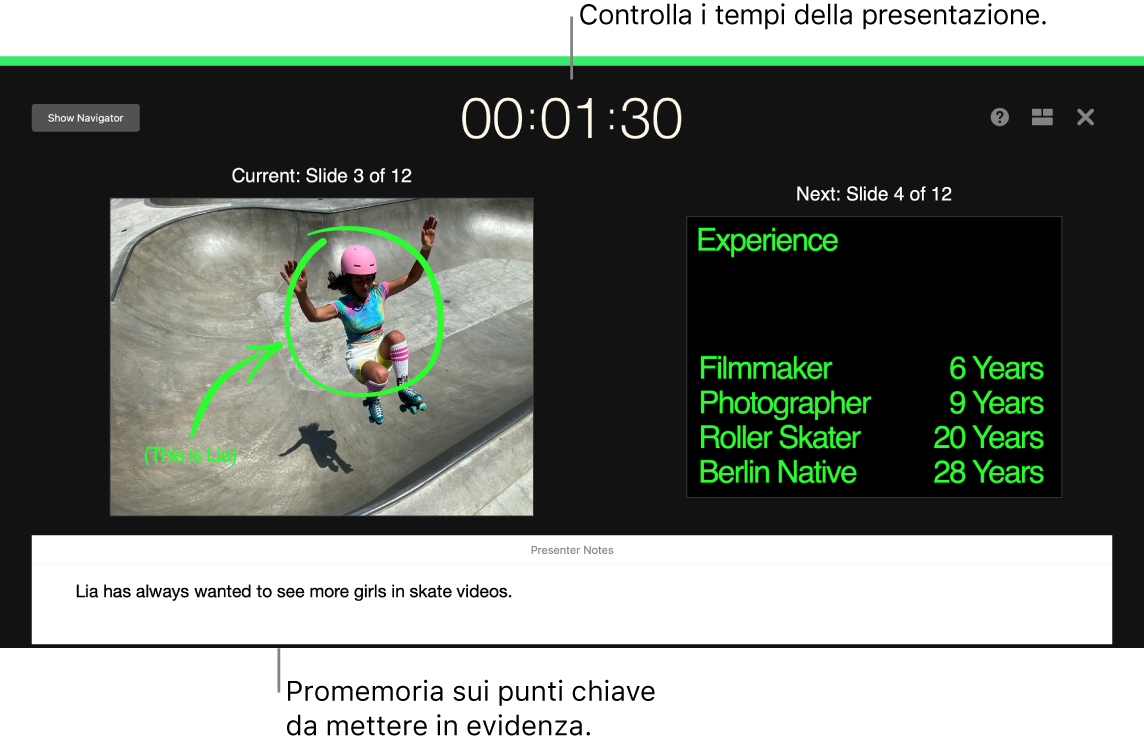 Una finestra di Keynote che illustra la funzionalità “Esegui prova della presentazione”.