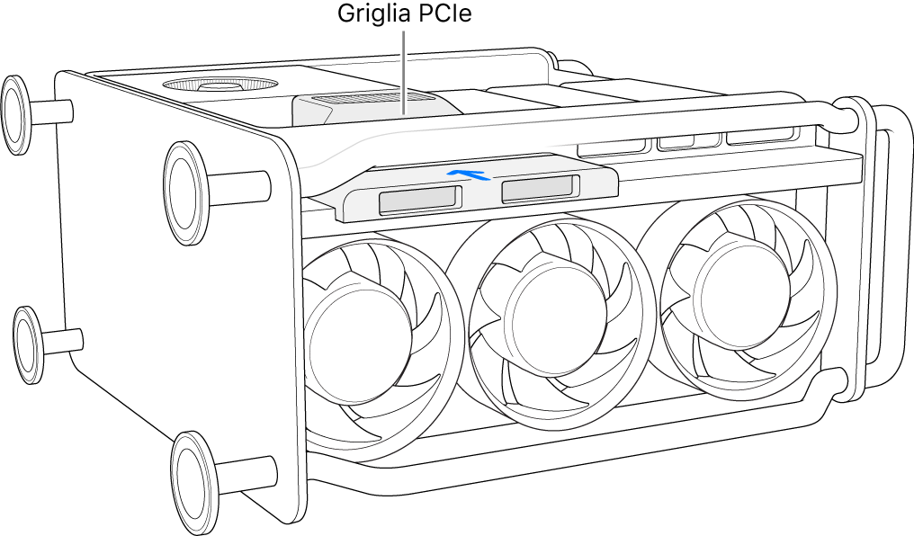 Mac Pro su un lato, con la griglia PCIe e il coperchio dell'unità SSD.