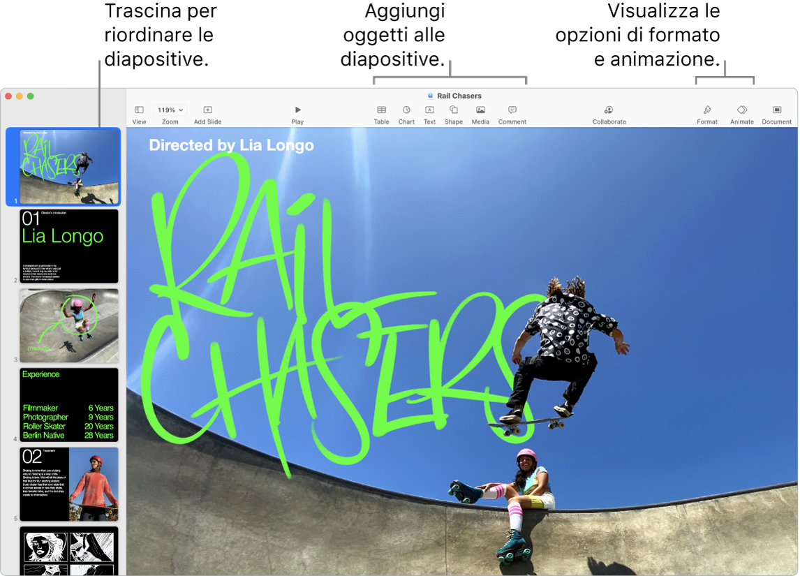 Una finestra di Keynote che mostra il navigatore diapositive a sinistra e il modo in cui riordinare le diapositive, la barra degli strumenti e i relativi strumenti di modifica in alto, il pulsante Collabora nella parte superiore destra e i pulsanti Formattazione, Animazione e Documento a destra.