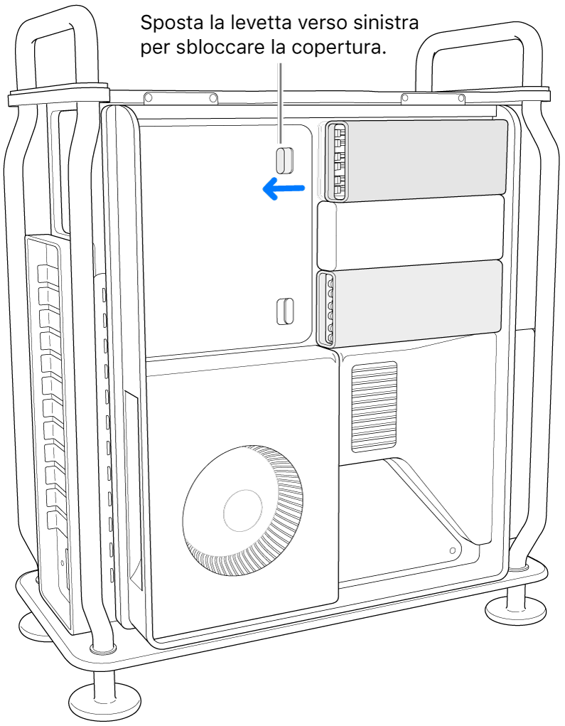 L'interruttore viene spostato a sinistra per sbloccare il coperchio del DIMM.