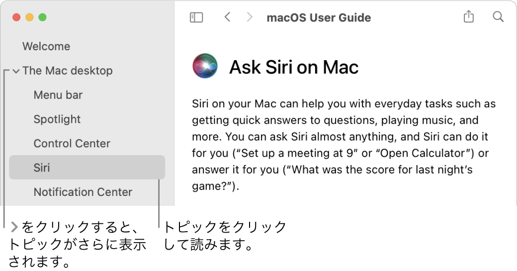 ヘルプビューア。サイドバーにリストされたトピックを表示する方法と、トピックの内容を表示する方法が示されています。