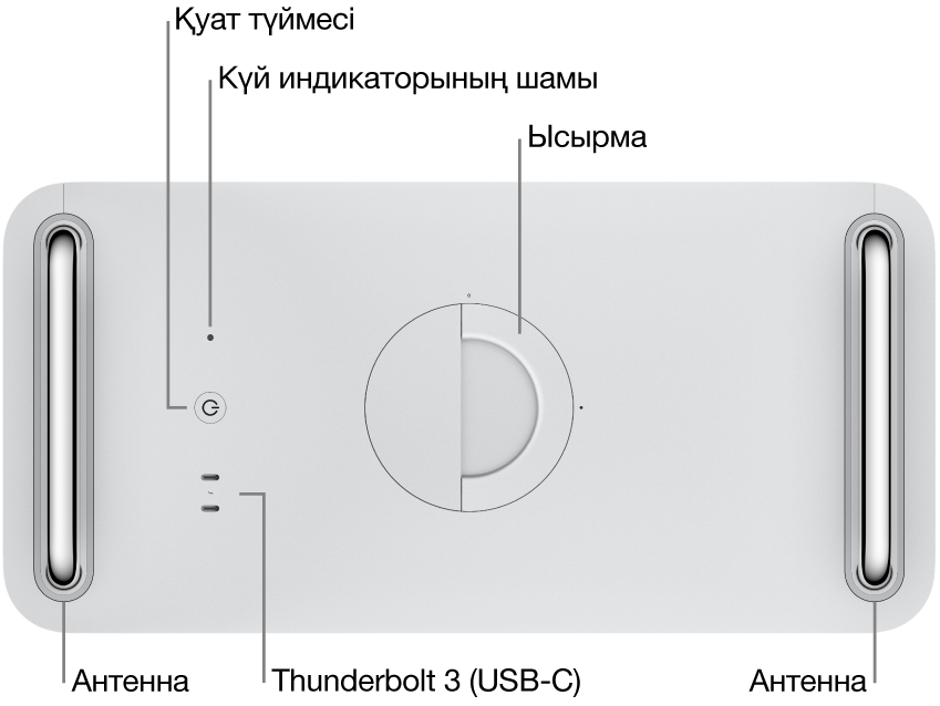 Power түймесін, жүйе индикаторының шамын, ысырманы, антеннаны және екі Thunderbolt 3 (USB-C) портын көрсетіп тұрған Mac Pro компьютерінің жоғарғы жағы.